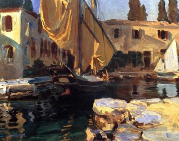  gelb Kunst - San Vigilio Ein Boot mit goldenem Segelboot John Singer Sargent